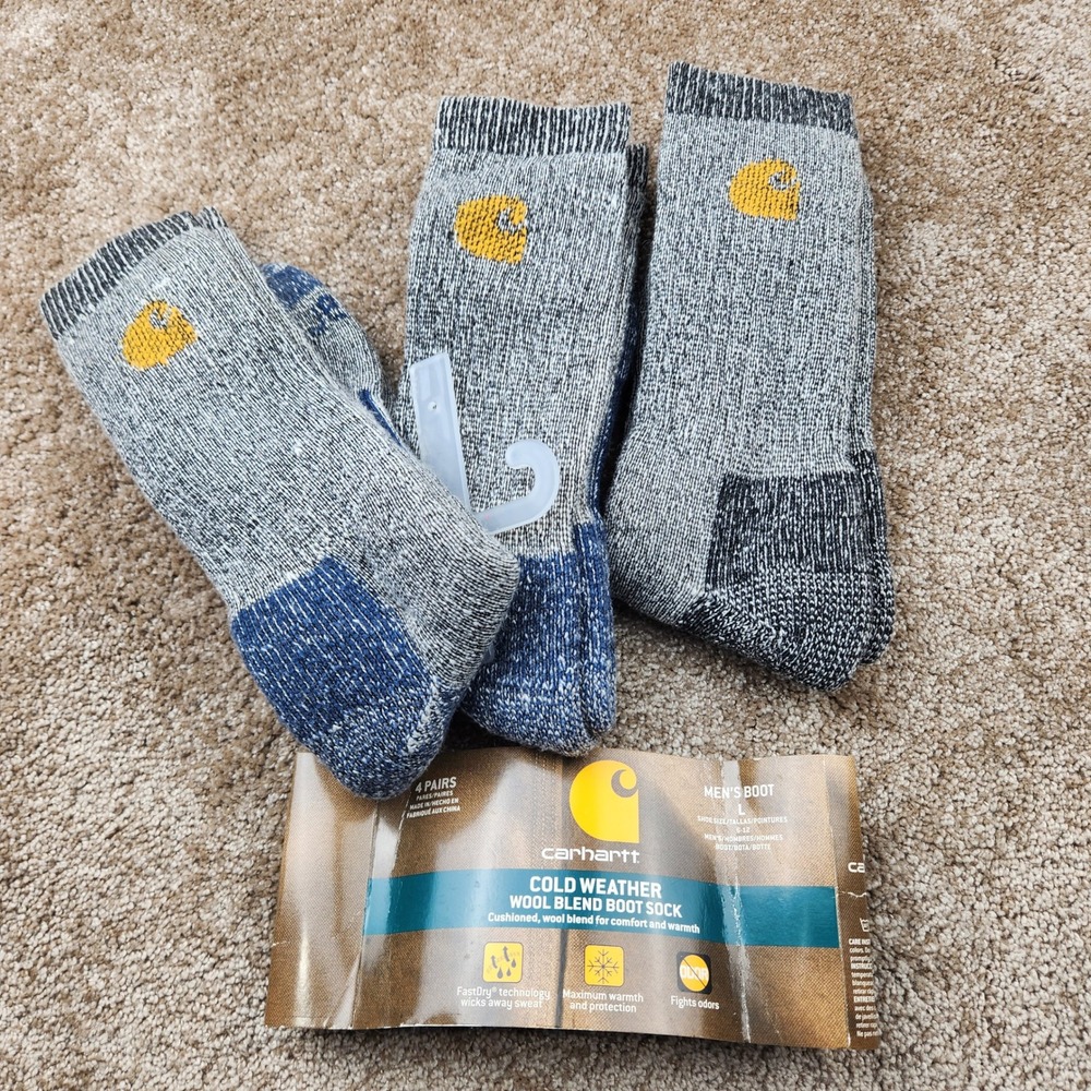 Carhartt Mens 4 Pack Cold Weather Wool Blend Boot Socks Gray Blue Large 6-12